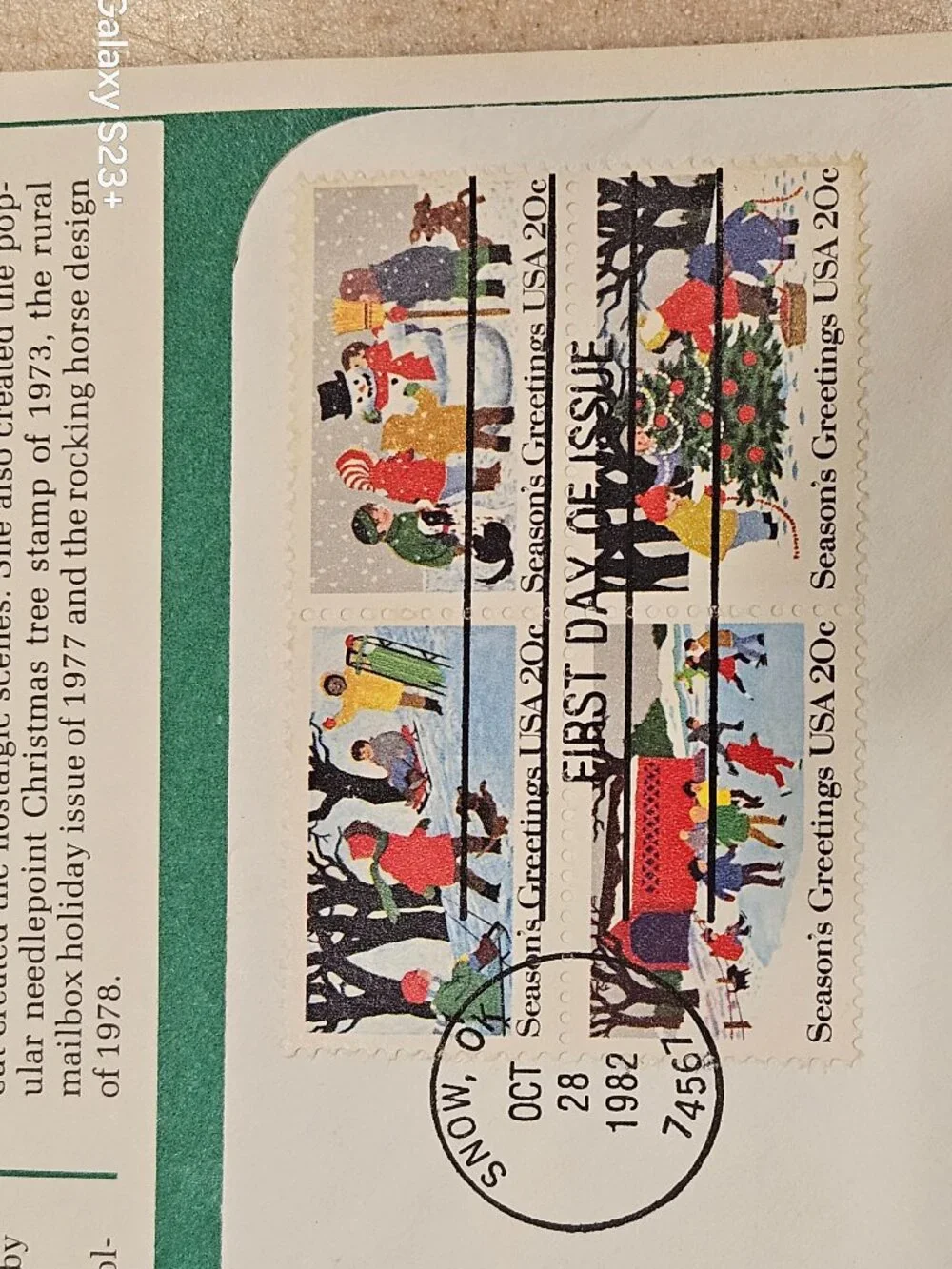 RARE COLLECTIBLE USPS 1ST DAY ISSUE COVER CHRISTMAS 1982 SEASONS GREETINGS STAMP